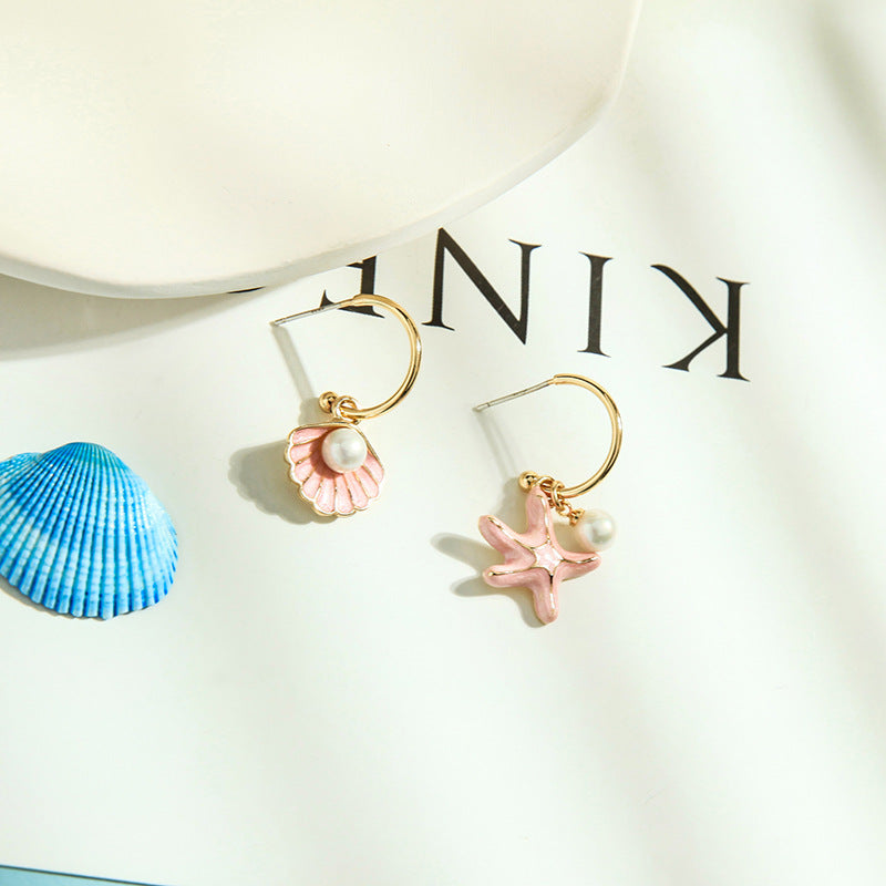 Stylish Enamel Earrings with Pearl and Shell Design