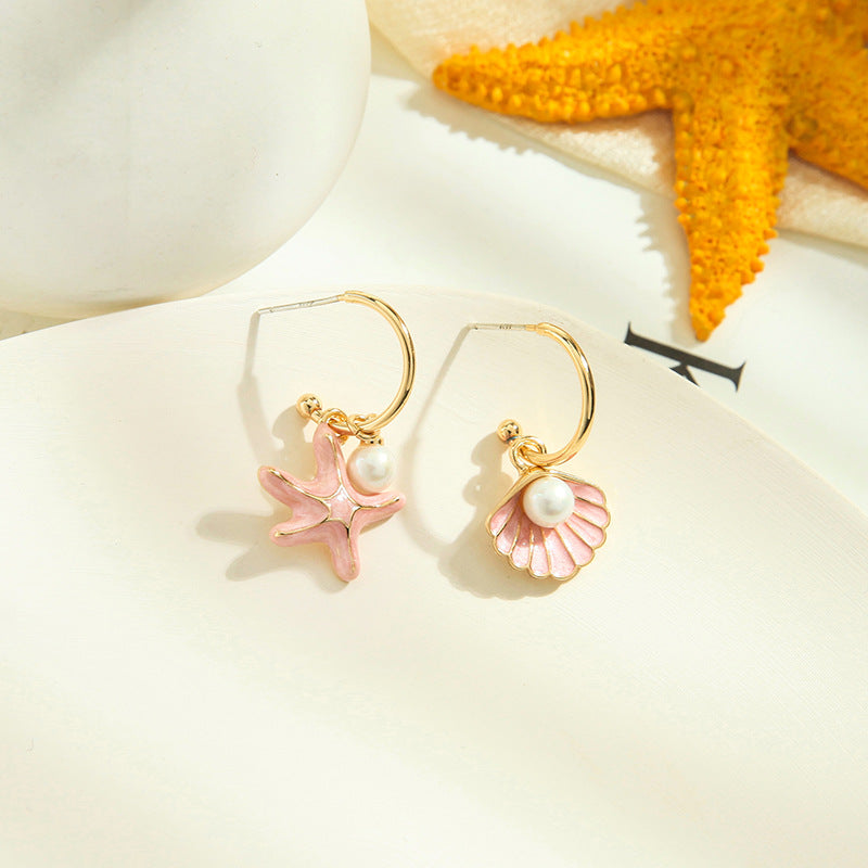 Stylish Enamel Earrings with Pearl and Shell Design