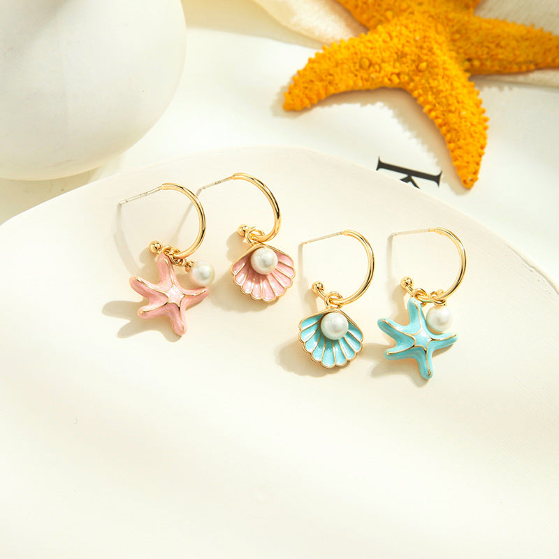 Stylish Enamel Earrings with Pearl and Shell Design